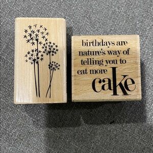 Kolette Hall rubber on wood stamps Dandelion & Birthday Cake